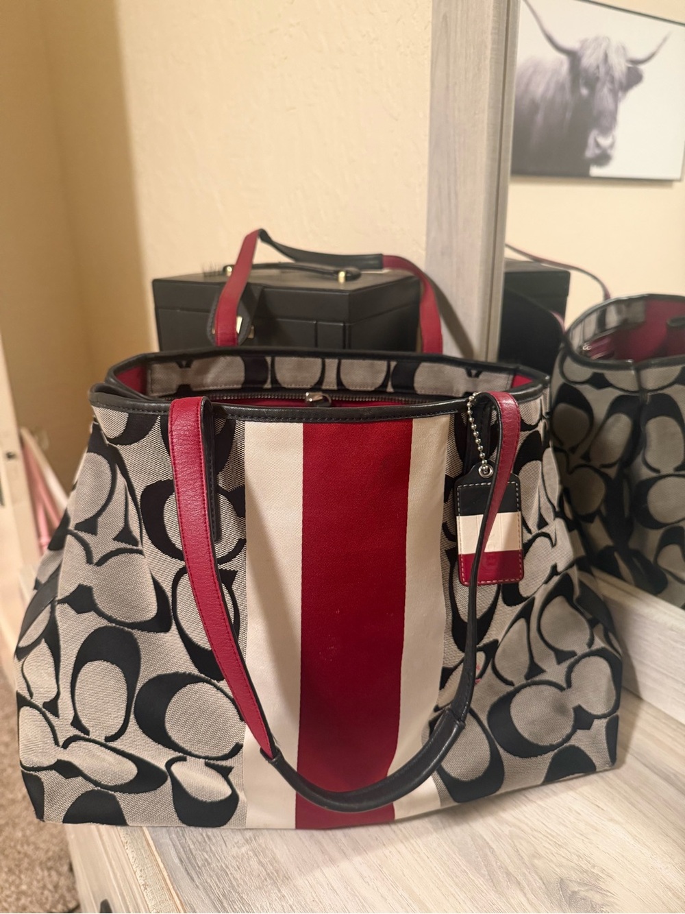 Coach Canvas Tote with Red Center Stripe and Black Signature C